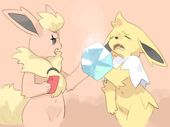 anthro arm_tuft black_nose bodily_fluids breasts cellphone chest_tuft crying dessert duo elbow_tuft electronics eyes_closed fangs featureless_crotch female fingers food frown frozen_hand fur hair holding_food holding_ice_cream holding_object holding_phone ice ice_cream navel nude open_frown open_mouth phone red_body red_fur sharp_teeth simple_background smartphone tail tears teeth tongue tuft white_body white_fur yellow_body yellow_fur kame_3 nintendo pokemon canid canine eeveelution flareon generation_1_pokemon jolteon mammal pokemon_(species) digital_media_(artwork) hi_res