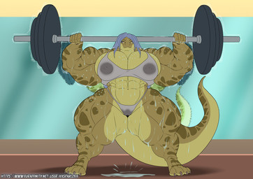 abs anthro big_muscles bodily_fluids breasts camel_toe exercise female green_body green_scales huge_hips huge_muscles huge_thighs hyper muscular muscular_anthro muscular_arms muscular_female muscular_thighs navel nipples nipples_visible_through_clothing non-mammal_breasts non-mammal_navel non-mammal_nipples overweight overweight_anthro overweight_female scales solo sportswear sweat tail thick_thighs weightlifting wide_hips workout yellow_eyes xxsparcoxx tanya_(starknight321) reptile scalie snake 2026 digital_media_(artwork) hi_res