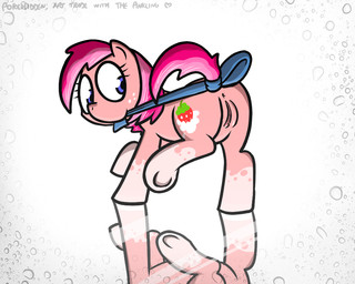 accessory anus blue_eyes bow_(feature) bow_accessory bow_ribbon butt clitoris cutie_mark female feral furgonomics genitals hooves looking_back pink_body pink_skin raised_leg raised_tail rear_view reflection ribbons solo tail tail_accessory tail_bow tail_ribbon underhoof vulva onihidden hasbro my_little_pony equid equine horse mammal pony 5:4 digital_media_(artwork)