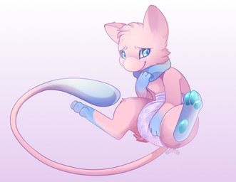 3_fingers 3_toes ambiguous_gender blue_body blue_pawpads blue_tail_tip clean_diaper clothed clothing diaper diaper_only dipstick_tail feet feral fingers floating fur gloves_(marking) gradient_background hand_on_diaper head_tuft leg_markings logo markings pattern_diaper pawpads pink_body pink_fur pink_tail shy simple_background smile socks_(marking) solo spiral tail tail_markings text toes topless touching_diaper tuft wearing_diaper crayonsnthings nintendo pokemon aoi_(wuppy245) generation_1_pokemon legendary_pokemon mew_(pokemon) pokemon_(species) absurd_res artist_logo artist_name hi_res