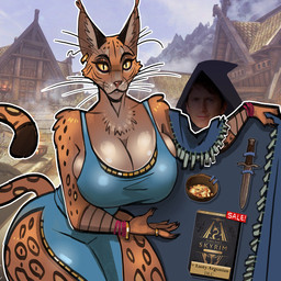 anthro armband big_breasts blue_clothing blue_dress blue_robe bowl breasts brown_body brown_fur building cleavage cleavage_overflow cloak clothed clothed_female clothed_male clothing container day detailed_background dress duo ear_piercing ear_ring female female_anthro fingers front_view fur grass house huge_breasts humanoid_hands knife looking_at_viewer male male_human markings mountain orange_body orange_fur outline outside piercing plant presenting pupils ring_(jewelry) ring_piercing robe side_boob slit_dress slit_pupils spots spotted_markings tail tan_body tan_fur white_outline yellow_sclera mister_feelgood microsoft the_elder_scrolls todd_howard felid human khajiit mammal 1:1 colored hi_res shaded