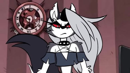 annoyed anthro areola big_breasts black_areola black_nipples bodily_fluids bottomwear breast_expansion breasts clothing collar crop_top expansion female fingerless_gloves frown gloves grey_hair growth hair half-closed_eyes handwear huge_breasts hyper hyper_breasts lactating looking_at_viewer looking_away milk multicolored_body narrowed_eyes nipples panties red_sclera shirt sitting skirt sloshing_breasts solo spiked_collar spikes text topwear two_tone_body underwear white_eyes sachasketchy sound_warning hellaverse helluva_boss mythology loona_(helluva_boss) canid canid_demon canine demon hellhound mammal mythological_canine mythological_creature 16:9 animated credits digital_media_(artwork) english_text short_playtime sound video widescreen