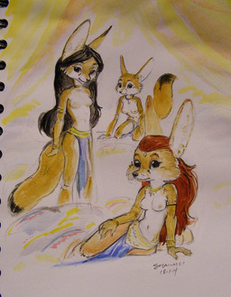anklet anthro armlet black_hair bottomwear bracelet breasts clothed clothing female fur gold_(metal) gold_jewelry group hair harem harem_jewelry harem_outfit jewelry loincloth navel nipples red_hair topless white_body white_fur yellow_body yellow_fur avoid_posting steve_gallacci canid canine fennec_fox fox mammal true_fox 2014 hi_res traditional_media_(artwork)