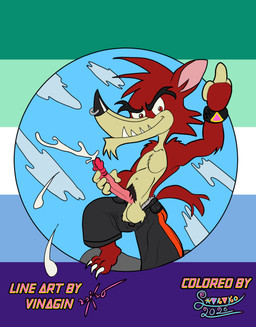 anthro balls big_penis bottomwear boxers_(clothing) claws clothed clothing cocky_grin ejaculation erection facial_piercing foreskin genitals gesture hand_gesture humanoid_genitalia humanoid_penis lgbt_pride male masturbation middle_finger nose_piercing nose_ring open_bottomwear open_clothing open_flap open_pants oversized_clothing pants penis piercing pink_triangle pride_colors public public_exposure public_masturbation retracted_foreskin ring_piercing solo underwear video_game_character vincian_pride_colors sharako go!_go!_hypergrind decker canid canine mammal absurd_res hi_res