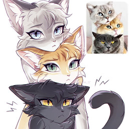 annoyed anthro black_nose blue_eyes cheek_tuft eyelashes facial_tuft female fur green_eyes group head_tuft inner_ear_fluff looking_at_viewer multicolored_body multicolored_fur nude pink_nose pupils simple_background slit_pupils tail trio tuft whiskers white_background yellow_eyes 3rdperson_iz domestic_cat felid feline felis mammal colored digital_drawing_(artwork) digital_media_(artwork) hi_res reference_image shaded