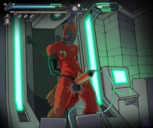 anthro armwear balls blush bound chain chained clothing collar gameplay_mechanics genitals gui health_bar hud latex latex_armwear latex_clothing looking_pleasured machine male penile penis penis_milking penis_milking_machine pump restrained restrained_arms sleeves solo av-15 grovedev prowler_(game) avian 6:5 absurd_res hi_res