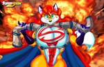 abs anthro big_breasts breasts cape clothing explosion female green_eyes hair holding_object looking_at_viewer metal muscular muscular_anthro muscular_female red_hair smile solo superhero superbabsy123 aurora_spencer canid canine fox mammal red_fox true_fox hi_res