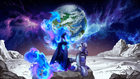 astronaut crossgender duo female ftm_crossgender horn male moon space spacesuit wings cosmonaut jedayskayvoker friendship_is_magic hasbro my_little_pony mythology fan_character nightmare_moon_(mlp) orion_zephyr equid equine mammal mythological_creature mythological_equine pegasus winged_unicorn 16:9 4k absurd_res hi_res lineless widescreen