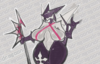 2_horns 5_fingers anthro bent_arm big_breasts biped breasts devil_horns_(gesture) eyeless featureless_crotch female female_anthro fingers gesture glistening glistening_breasts glistening_thighs grey_body grey_wings hand_gesture holding_melee_weapon holding_object holding_polearm holding_spear holding_weapon horn melee_weapon mostly_nude mostly_nude_anthro mostly_nude_female mouth_closed multicolored_body nobody_(emblem) non-mammal_breasts noseless outline polearm purple_body solo spear standing symbol_on_thigh text text_background thick_thighs three-quarter_view two_tone_body weapon white_outline wide_hips wings nerobero0 kingdom_hearts mythology square_enix dragon dragoon_(kingdom_hearts) mythological_creature mythological_scalie nobody_(kingdom_hearts) scalie digital_drawing_(artwork) digital_media_(artwork) hi_res portrait three-quarter_portrait
