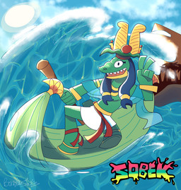 anthro boat clothed clothing egyptian egyptian_clothing egyptian_headdress gesture hand_gesture logo male pyramid sharp_teeth shendyt solo surfing teeth topless topless_male v_sign vehicle water watercraft wave bunchasticks egyptian_mythology middle_eastern_mythology mythology sobek crocodilian deity reptile scalie hi_res