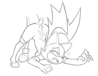 anthro armwear bent_over bodily_fluids boots breasts butt clothing cum cum_on_butt drooling fangs female footwear genital_fluids heart_eyes heart_symbol male male/female saliva shoes teeth wings goldenthelair sega sonic_the_hedgehog_(series) miles_prower rouge_the_bat bat canid canine fox mammal monochrome