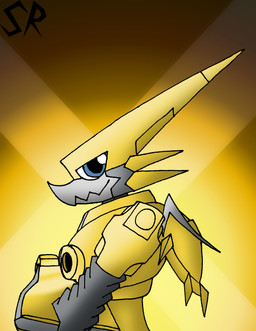 ambiguous_gender anthro armor blue_eyes crossed_arms gold_(metal) gold_armor gradient_background looking_at_viewer side_view simple_background smile smiling_at_viewer smirk smirking_at_viewer solo white_body white_skin yellow_background ryoosakuling bandai_namco digimon mythology digimon_(species) dragon mythological_creature mythological_scalie omega_shoutmon reptile scalie digital_drawing_(artwork) digital_media_(artwork) hi_res shaded soft_shading yellow_theme