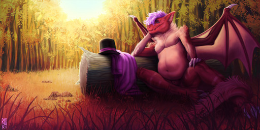 animal_genitalia anthro arm_support arm_tuft belly big_belly cheek_tuft chest_tuft claws closed_smile clothing day facial_tuft forest fur genitals grass hair hat headgear headwear leaning_on_elbow log logo male membrane_(anatomy) membranous_wings mouth_closed navel nude on_ground outside penis penis_tip plant purple_clothing purple_eyes purple_hair red_body red_fur red_penis rock sheath shoulder_tuft sitting slight_smile smile solo tan_body tan_fur tan_wings tree tuft wing_claws wings wood riorix 2021 artist_logo dated full-length_portrait portrait