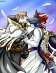 anthro clothing cosplay duo eye_contact feathers hand_holding looking_at_another male male/male romantic romantic_ambiance romantic_couple spikes spikes_(anatomy) tail nameless00 code_geass mythology dragon mythological_creature mythological_scalie scalie hi_res