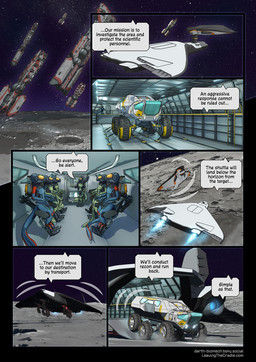 4_arms armor clothing dialogue dialogue_box furgonomics headgear helmet moon multi_arm multi_limb on_the_moon space spacecraft spacesuit speech_bubble star tail tail_clothing text vehicle darth_biomech leaving_the_cradle alien mammal raharr 2026 colored comic english_text hi_res