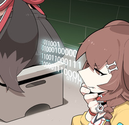 accessory binary_code brown_eyes brown_hair butt_sniffing collar duo eyebrows eyelashes female hair hair_accessory hairclip hand_on_chin sitting sniffing tail cocomayo29_(tomato) hololive vtuber inugami_korone ookami_mio animal_humanoid canid canid_humanoid canine canine_humanoid dog_humanoid humanoid mammal mammal_humanoid wolf_humanoid 2024 absurd_res hi_res