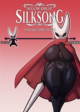 anthro big_breasts black_body black_eyes breasts cloak cloak_only clothing curvy_figure empty_eyes featureless_breasts featureless_crotch female front_view holding_object holding_weapon navel pattern_background pink_background red_cloak red_clothing simple_background solo text thick_thighs voluptuous weapon white_body wide_hips dliwarr hollow_knight:_silksong hollow_knight_(franchise) team_cherry hornet_(hollow_knight) arthropod insect absurd_res hi_res