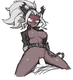 belt biped black_horn blush blushing_profusely bottomless breasts chain clothed clothing duo erection eyebrows female female_focus female_penetrated genitals glowing glowing_eyes hair horn long_hair male male/female male_penetrating male_penetrating_female nipples not_furry penetration penile penile_penetration penis penis_in_vagina sex simple_background solo_focus topwear vaginal vaginal_penetration vulva white_eyes white_hair reccand helltaker judgement_(helltaker) demon horned_humanoid humanoid mammal 2021 digital_media_(artwork) shaded