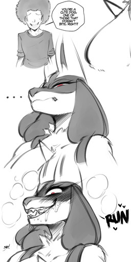 anthro bodily_fluids breasts chest_spike clothed clothing dialogue duo female fur hair heart_symbol male open_mouth red_eyes saliva simple_background speech_bubble spikes spikes_(anatomy) teeth text saltyxodium nintendo pokemon canid canine generation_4_pokemon human lucario mammal pokemon_(species) 2026 absurd_res digital_media_(artwork) english_text hi_res