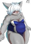 anthro big_butt blush breasts butt clothing ears_down female fur grey_body grey_fur hair macro one-piece_swimsuit overweight overweight_anthro overweight_female pattern_clothing pivoted_ears simple_background slightly_chubby small_breasts solo standing striped_clothing stripes swimwear thick_thighs white_hair yellow_eyes peakon xi_yu lin_yuan canid canine canis domestic_dog mammal big_(disambiguation) absurd_res hi_res