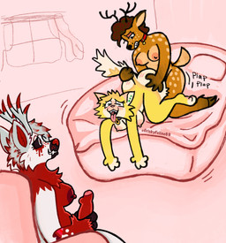 anthro areola being_watched big_breasts blush_face breasts breed cuck_chair doggystyle enjoying female from_behind_position genitals group gynomorph holding_tail humanoid_genitalia humanoid_penis intersex intersex/female looking_at_another masturbation nipple_piercing nipples penis piercing sex sound_effects tail text tongue tongue_out trio friskyfeline69 august_(augussyy) folfie_winter noodle_(friskyfeline69) canid canine canis deer felid feline hybrid mammal wolf hi_res