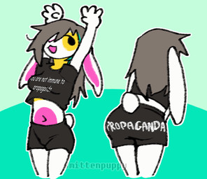 anthro belly big_butt bottomwear breasts butt clothing crop_top female fur hair long_hair open_mouth shirt shorts simple_background smile solo stretching tail text thick_thighs topwear white_body white_fur wide_hips smittenpuppy you_are_not_immune_to_propaganda ariez_(smittenpuppy) lagomorph leporid mammal rabbit 2d_animation animated digital_media_(artwork) english_text meme trans_(lore) trans_man_(lore)