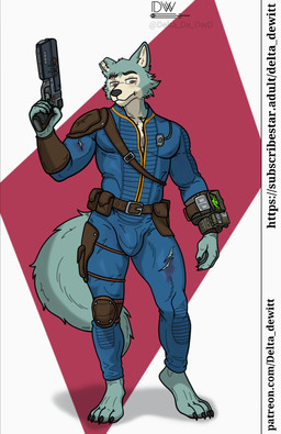 anthro blush clothed clothing eyebrow_scar eyebrows facial_scar fur gun handgun holding_gun holding_object holding_ranged_weapon holding_weapon looking_at_viewer male muscular muscular_male pip-boy pistol ranged_weapon scar simple_background solo tail vault_suit weapon delta_dewitt beastars fallout microsoft legoshi_(beastars) canid canine canis mammal wolf digital_media_(artwork) hi_res