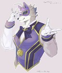 anthro blue_eyes clock clothing fur gloves grey_body grey_fur handwear jewelry male mask necklace purple_clothing smile solo supervillain topwear vest watch izm_rm7 lifewonders live_a_hero vulpecula canid canine fox mammal hi_res