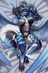 5_fingers 5_toes anthro areola blue_body blue_feathers breasts feathered_wings feathers feet female fingers lying nipples on_back smile solo toes wings kuroame ressia_(renikki) canid canine hybrid mammal hi_res