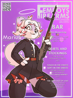anthro belt biped bottomwear bow_ribbon chest_tuft clothed clothing crossdressing femboy gun halo jacket kneeling legwear looking_at_viewer male male_anthro open_clothing open_jacket open_topwear purple_background qr_code ranged_weapon rifle rifle_scope simple_background skirt solo star tail text thigh_highs topwear tuft weapon marcus_gray femboys_and_firearms canid canine canis domestic_dog mammal 2023 3:4 cover english_text hi_res magazine_cover