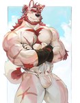 accessory anthro asian_clothing clothing crossed_arms east_asian_clothing fundoshi gloves hair handwear headband japanese_clothing male pecs red_hair scar solo tail underwear seatohao canid canine mammal hi_res