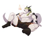 abs anthro bulge clothed clothing green_hair hair horn hypnosis kemono long_hair male mind_control muscular muscular_male nipples open_mouth pecs pendulum simple_background sitting solo spread_legs spreading tail topless white_background uken_l mythology dragon mythological_creature mythological_scalie scalie absurd_res hi_res shaded