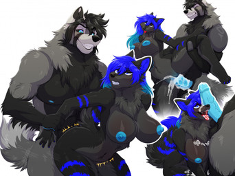 anthro arm_pull big_breasts black_hair blue_eyes blue_hair blue_nipples blue_penis blush bodily_fluids breast_grab breasts clothed clothing clothing_lift cum cum_in_vagina cum_inside cum_on_breasts cum_on_face female from_behind_position genital_fluids genitals grey_body hair hand_on_breast hand_on_hip kissing male male/female multiple_poses nipples penetration penis pose prison_guard_position sex shirt shirt_lift standing standing_sex teasing teasing_with_butt thong topwear underwear omzzimeow hal_greaves thea_(wolfrank1149) canid canine canis mammal wolf hi_res