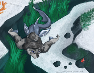 black_hair blue_eyes fin frown fur fur_markings grey_body grey_fur hair male markings rock sand scowl seaweed split_form swimming underwater water setriaphtfj kailun_setra anthozoan aquatic asterozoan canid canine canis cnidarian coral echinoderm fish mammal merfolk shark starfish wolf absurd_res hi_res