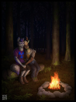 5_fingers anthro anthro_on_anthro antlers black_border black_nose blonde_hair blue_eyes border bottomwear brown_antlers brown_body brown_clothing brown_footwear brown_fur brown_shoes campfire cheek_tuft claws clothing denim denim_bottomwear denim_clothing duo eyewear facial_tuft fingers footwear forest fur glasses glistening glistening_eyes grass green_ears green_eyes green_nose grey_body grey_clothing grey_fur grey_inner_ear grey_shirt grey_t-shirt grey_tail grey_topwear hair hand_holding hand_on_leg hand_on_shoulder horn jeans log male male/male neck_tuft pants plant purple_body purple_clothing purple_fur purple_hair purple_shirt purple_t-shirt purple_tail purple_topwear romantic romantic_couple shirt shoes short_hair shorts sitting_on_log star t-shirt tail tan_body tan_fur tan_inner_ear topwear tree tuft wood skyelegs canid canine deer fox mammal 2017 dated hi_res signature