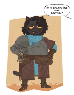 anthro armor black_body black_fur black_hair border clothed clothing dialogue eyebrows fur grass hair hand_on_hip humor kerchief male markings melee_weapon mole_(marking) narrowed_eyes neckerchief neckwear offscreen_character open_mouth open_smile outside plant sheathed_weapon simple_background smile solo standing sword tan_background text the_truth tongue tuft warrior weapon white_border roly roly_(roly) domestic_cat felid feline felis mammal 2024 english_text reaction_image