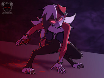 angry blood bodily_fluids bottomwear chain clothing corset female legwear lingerie rock skirt solo thigh_highs topwear dubstails nintendo pokemon generation_7_pokemon lycanroc midnight_lycanroc pokemon_(species) 4:3 absurd_res hi_res