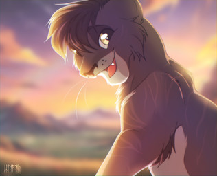 black_body black_fur cloud facial_tuft feral fluffy fluffy_chest fur hair happy looking_at_viewer looking_pleasured male open_mouth sky smile solo sunset teeth tongue tuft white_body white_fur yellow_eyes young shyryp felid lion mammal pantherine absurd_res bust_portrait digital_media_(artwork) hi_res portrait
