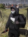 anthro backpack building canid canine canis clothing digital_media_(artwork) factory fence grass hi_res hoodie male mammal mask plant pliers s.t.a.l.k.e.r. smoke solo techiesxc thigh_gap tools topwear tree wolf