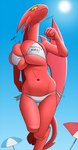 big_breasts bikini breasts cleavage cleavage_overflow clothed clothing female hooves huge_breasts no_pupils red_body solo swimwear two-piece_swimsuit yellow_sclera creatiffy satina_(series) lucia_(satina) demon 2022 hi_res