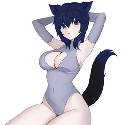 blue_body blue_eyes blue_fur blue_hair boobwindow breasts clothing female fox_ears fox_tail fur hair leotard womb_tattoo fozznal co1by canid canine humanoid mammal 1:1
