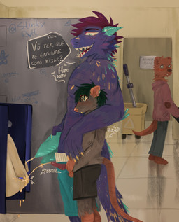 adult_on_young age_difference animal_genitalia animal_penis anthro balls bathroom biped black_hair blush bodily_fluids clothed clothing dialogue duo embarrassed fully_clothed fur genital_fluids genitals graffiti grey_body grey_fur hair holding_own_penis holding_penis inside knot knotted_penis male male/male male_peeing onomatopoeia open_mouth open_smile peeing peeing_together penis penis_size_difference public_restroom purple_body purple_fur shota smile sound_effects standing tail talking_to_another teeth text tongue topless urinal urinal_peeking urine urine_stream watersports young young_anthro young_male younger_male rvtt mythology canid canine canis domestic_dog dragon furred_dragon furred_scalie mammal murid murine mythological_creature mythological_scalie rat rodent scalie 2023 absurd_res digital_media_(artwork) hi_res portuguese_text translated