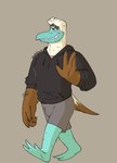 3_toes 4_fingers anthro arm_hair barefoot biped blue_face body_hair bottomwear brown_body brown_feathers bulge clothing eyebrows feathers feet fingers gesture half-closed_eyes hoodie leg_hair looking_at_viewer male male_anthro membrane_(anatomy) narrowed_eyes raised_eyebrow shirt shorts simple_background smile solo standing toes topwear walking waving waving_at_viewer webbed_feet white_body white_feathers nardodraws doug_(nardodraws) avian bird blue-footed_booby booby_(bird) sulid suliform hi_res