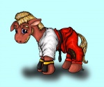 alternate_species blonde_hair blue_background blue_eyes bottomwear brown_body brown_fur clothed clothing facial_hair feral fur hair male pants ponification pre-g4 quadruped simple_background solo stubble tail suzidragonlady hasbro my_little_pony tekken paul_phoenix equid equine horse mammal pony crossover