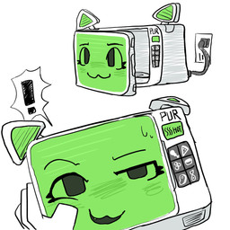 :3 alternate_form ambiguous_gender appliance blush bodily_fluids cute_fangs fangs held_up kitchen_appliance machine mechanical_ear microwave_oven plug screen screen_face simple_background smug_grin sweat teeth fc5 pur_03 animate_inanimate dire_machine living_machine 1:1 2025 hi_res