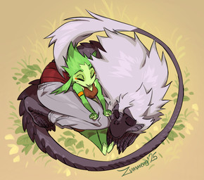 anthro cuddling duo eyes_closed female fur green_body green_fur grey_body grey_fur male male/female plant size_difference sleeping zummeng chili_(zummeng) tristan_(zummeng) elemental_creature elvian flora_fauna haplorhine hybrid lagomorph leporid mammal monkey primate rabbit 2025