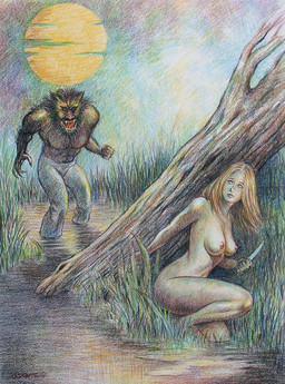 anthro breasts brown_body brown_fur claws clothed clothing duo female fist full_moon fur grass hair hiding holding_object holding_weapon hunting kneeling knife long_hair male moon navel nude open_mouth orange_hair outside partially_clothed partially_submerged plant red_eyes sharp_teeth stalking swamp teeth topless tree water weapon odavis mythology canid canine human mammal mythological_canine mythological_creature werecanid werecanine werecreature werewolf signature