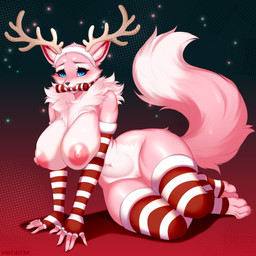 anthro areola armwear big_breasts black_nose blue_eyes blush breasts christmas_armwear christmas_clothing christmas_legwear clothing embarrassed eyelashes fake_horns female fluffy fluffy_tail fur gag gagged_drooling genitals glistening glistening_areola holidays huge_breasts inner_ear_fluff legwear looking_at_viewer navel neck_tuft nipples pattern_armwear pattern_clothing pattern_legwear pattern_stockings pink_areola pink_body pink_fur pink_nipples puffy_areola puffy_nipples simple_background sitting small_waist solo stockings striped_armwear striped_clothing striped_legwear striped_stockings stripes tail thick_thighs tuft vulva randakera christmas canid canine fox mammal 1:1 2026 colored digital_drawing_(artwork) digital_media_(artwork) hi_res shaded