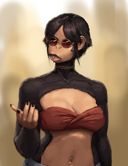anthro bandeau black_body black_fur black_hair black_nails bottomwear breasts choker cleavage clothed clothing colored_nails denim denim_bottomwear denim_clothing eyeshadow eyewear facial_piercing female front_view fur glasses hair jeans jewelry lip_piercing lips looking_at_viewer makeup medium_breasts nails navel necklace pants piercing solo tan_body topwear redustheriotact vanessa_(redustheriotact) haplorhine mammal monkey primate absurd_res hi_res