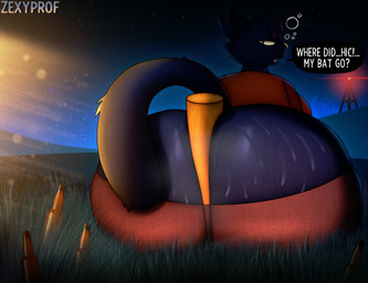 anthro baseball_bat bat_(object) beer_bottle big_butt bodily_fluids bottle bottomwear bottomwear_down bubble butt clothed clothing container dialogue drunk drunk_bubble female grass huge_butt light musk night open_mouth outside pants pants_down partially_clothed plant slightly_chubby solo speech_bubble substance_intoxication sweat text zexyprof night_in_the_woods mae_borowski domestic_cat felid feline felis mammal english_text